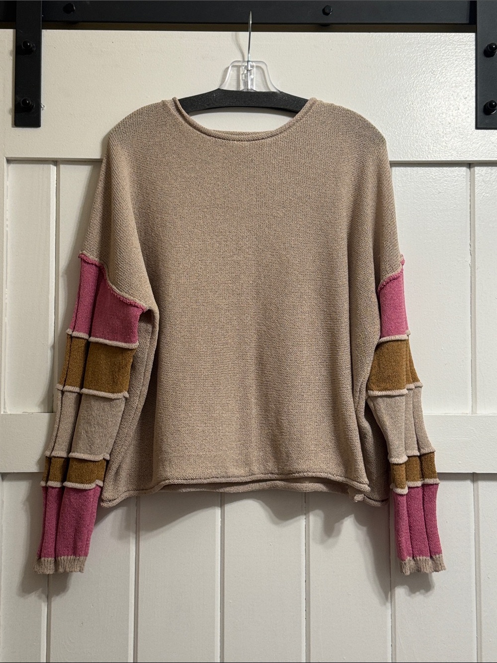Wishlist Beige Sweater with Pink and Brown Blocked Sleeves